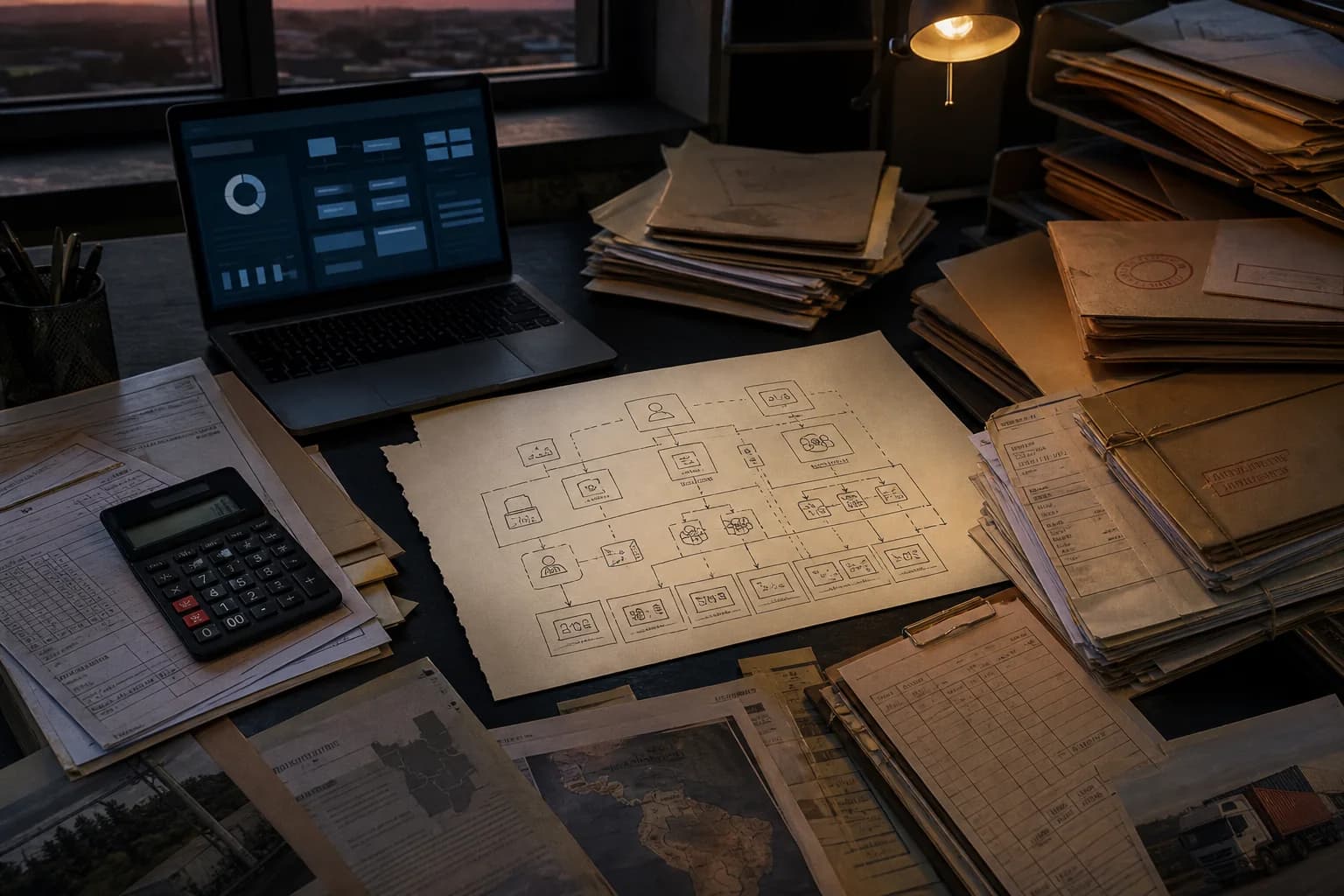 Uma secretária de back-office vazia com documentos empresariais fragmentados em torno de um desenho de arquitetura de plataforma.