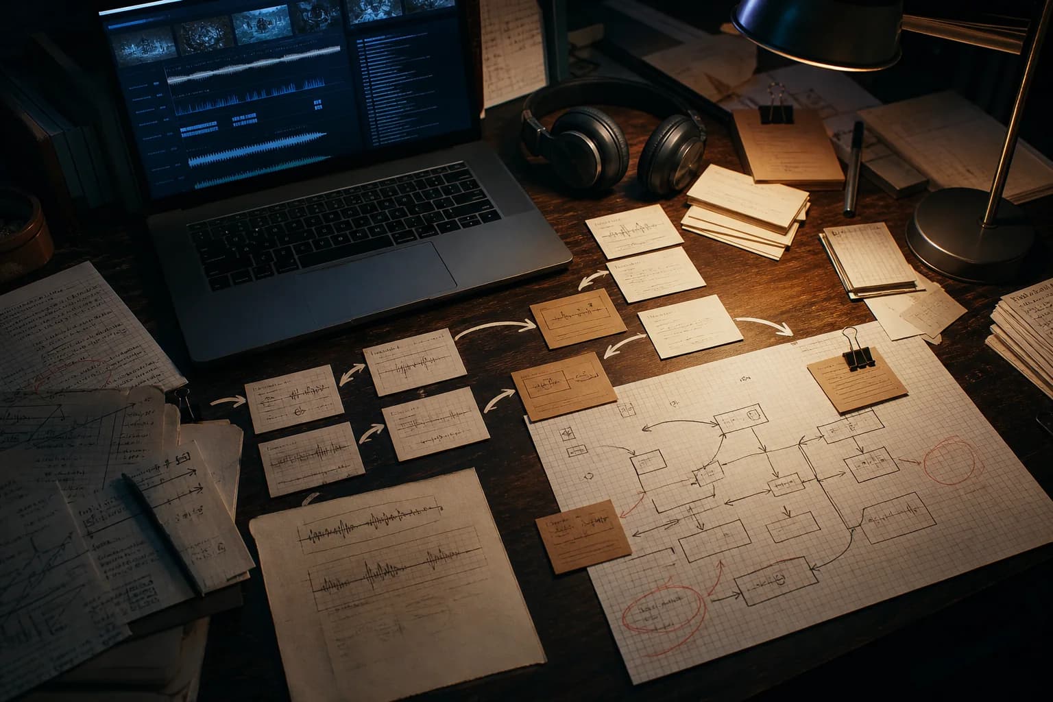 Uma secretária de estudo vazia com computador, auscultadores, fragmentos de transcrição e um diagrama curricular.